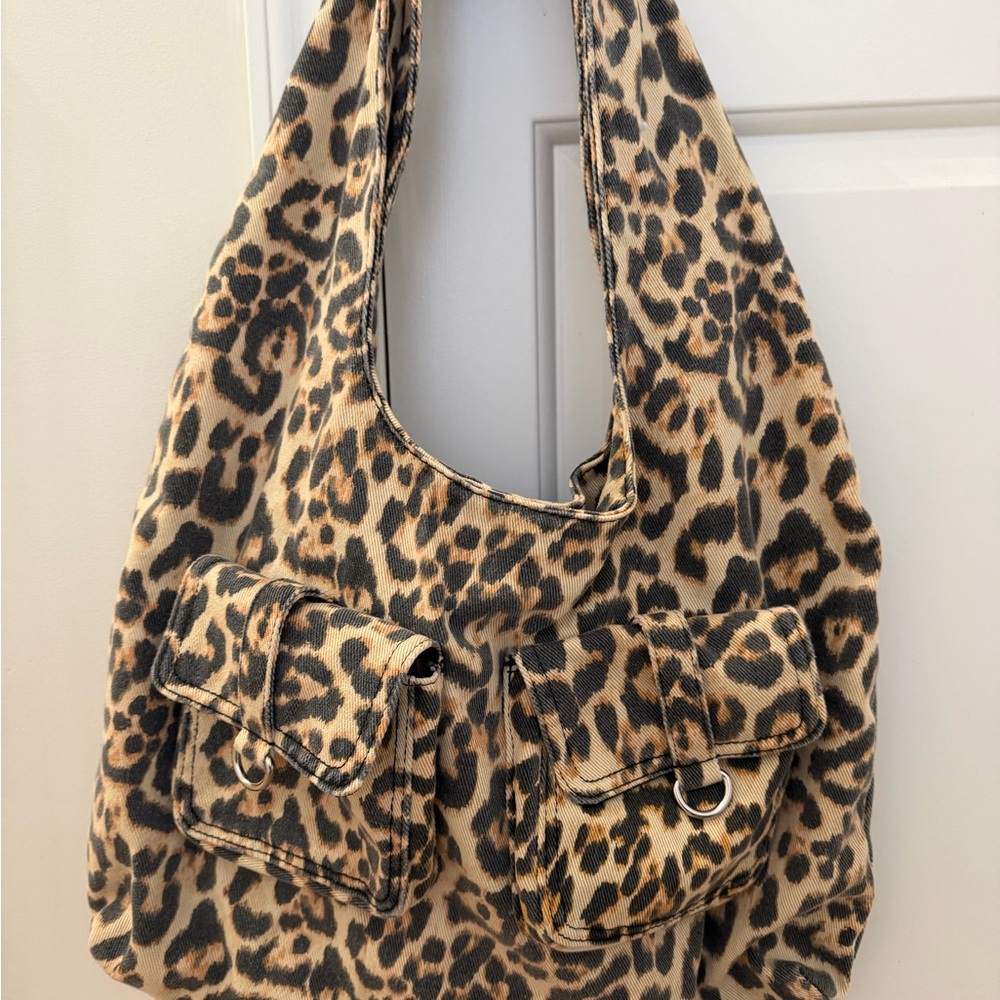 Denim Leopard Print Hobo Bag